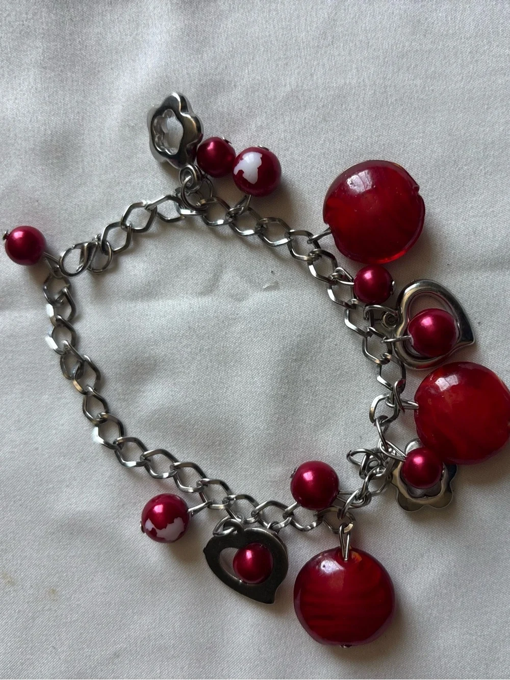 Red Beaded Heart Charm Bracelet - Women Jewelry